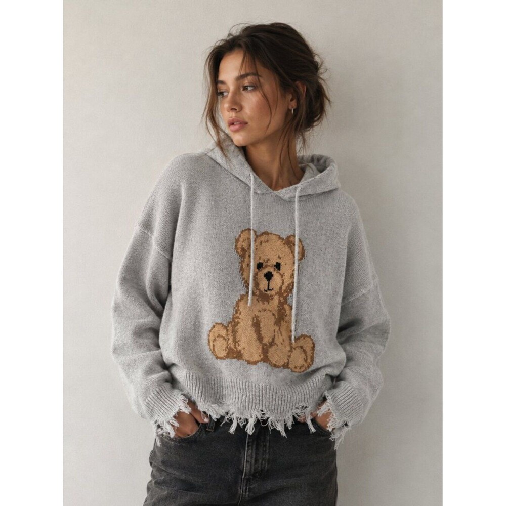 Just Polly NY Teddy Bear Distressed Knit Hoodie Sweater Women’s M Gray Oversized